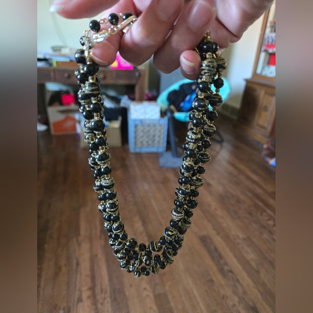 Vintage Elegant Black and Gold Beaded Necklace By Japan